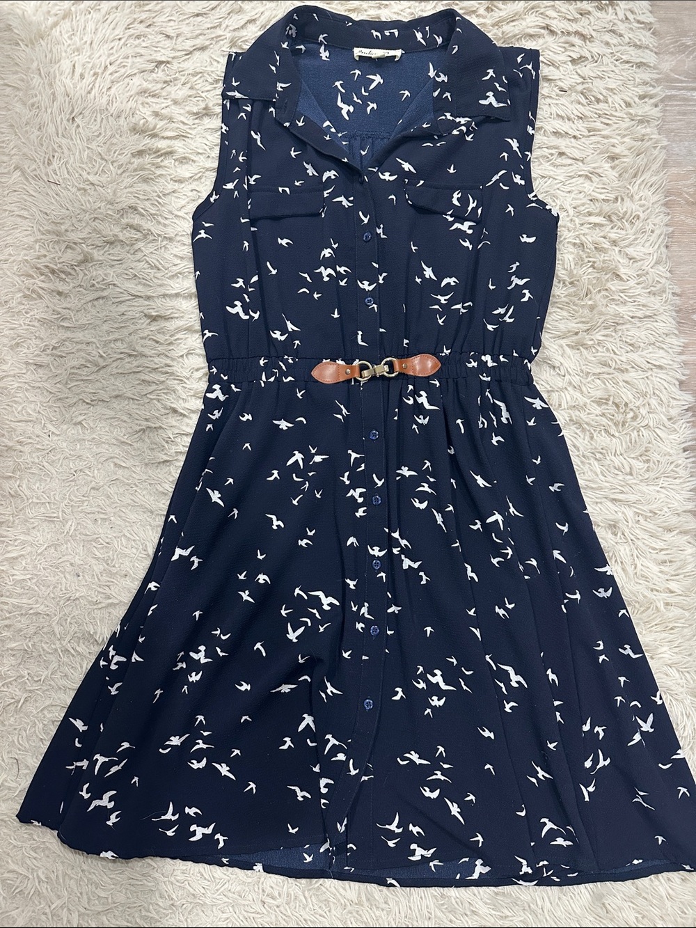 Navy Blue Sleeveless Shirt Midi Dress with Bird Print and Belt